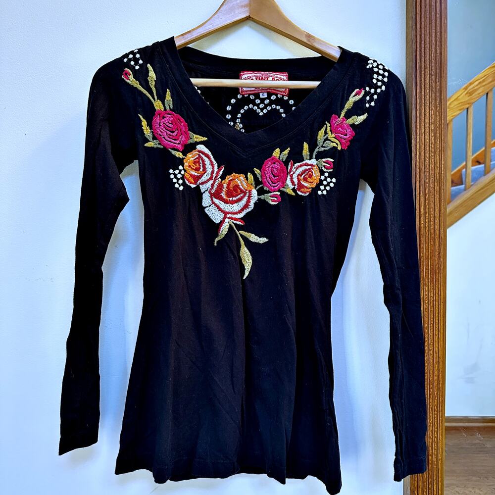 Johnny Was Black V-Neck Sweater with Red Floral Embroidery
